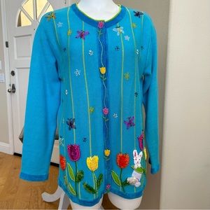 Vintage Easter Sweater by Quacker Factory Medium Aqua Blue Y2K Spring Turquoise